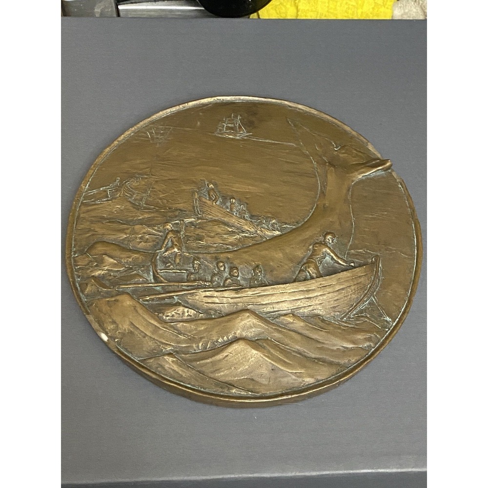 Bronze‎ Whaling Scene Relief Plaque Round 8 Inch Nautical Wall Decor JC whale